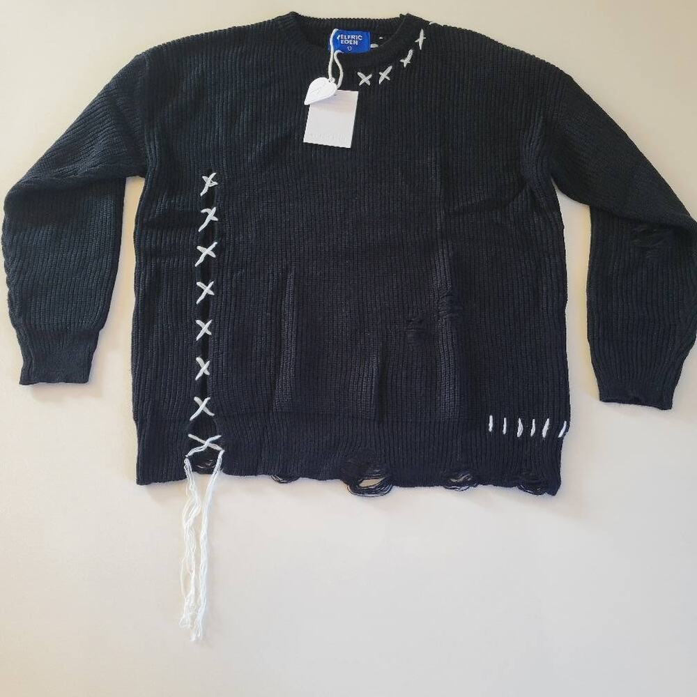 NWT Aelfric Eden Distressed Black Knit Pullover Fisherman Sweater Men's Size L